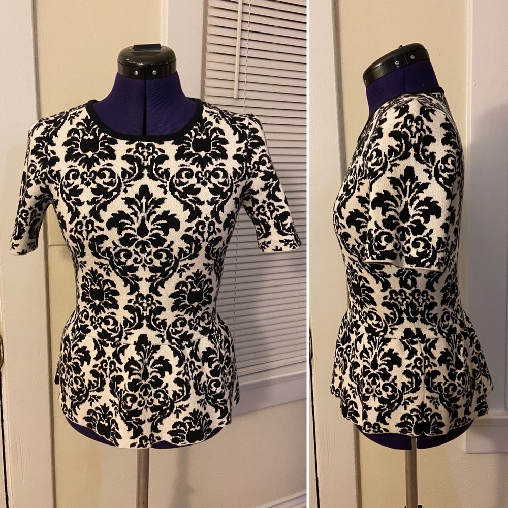 Small Black and white damask peplum sweater top short sleeve Cece Cynthia Steffe